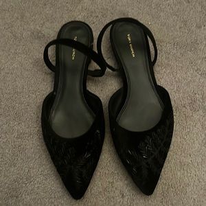 Velvet beaded flat Tory shoes. Worn four times! Black velvet sling back